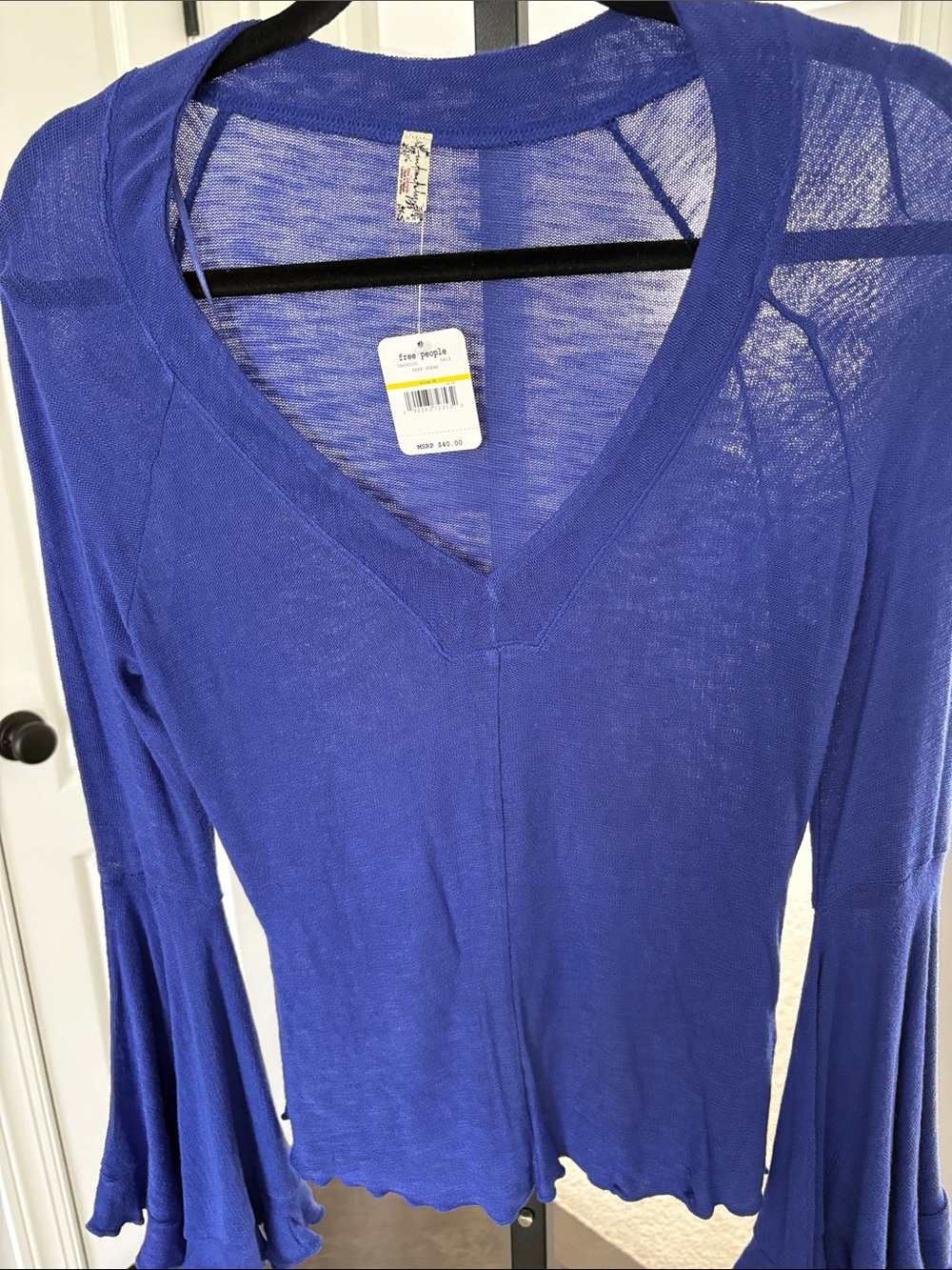 Free People Royal Blue V‑Neck Bell Sleeve Top
